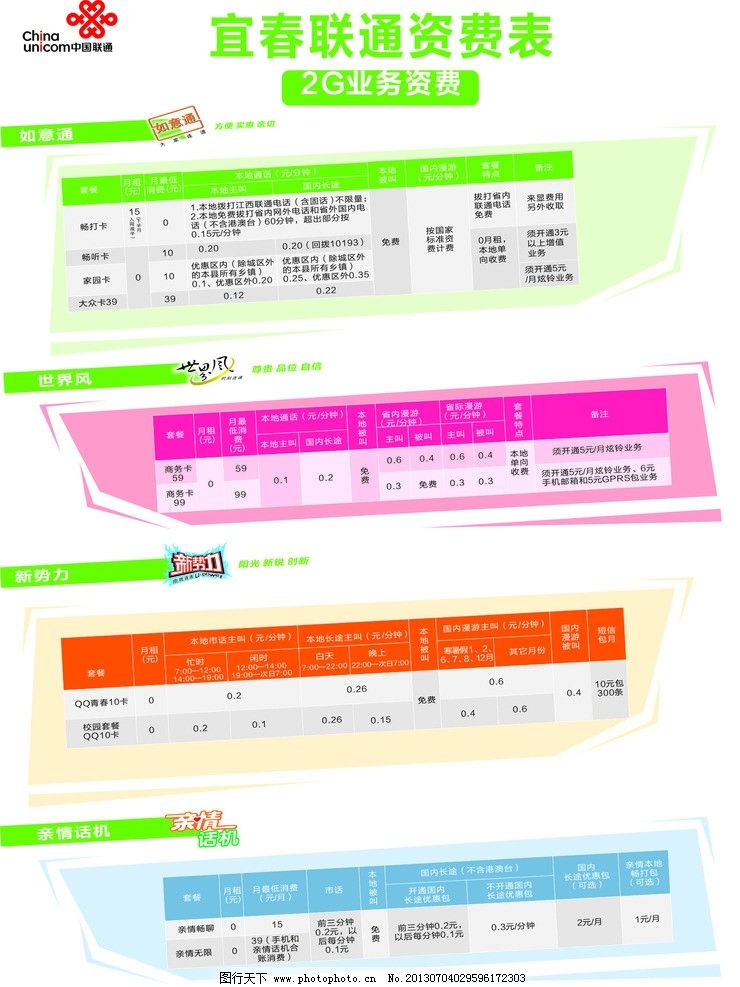 三折页宜春联通资费表图片,如意通 矢量-图行天