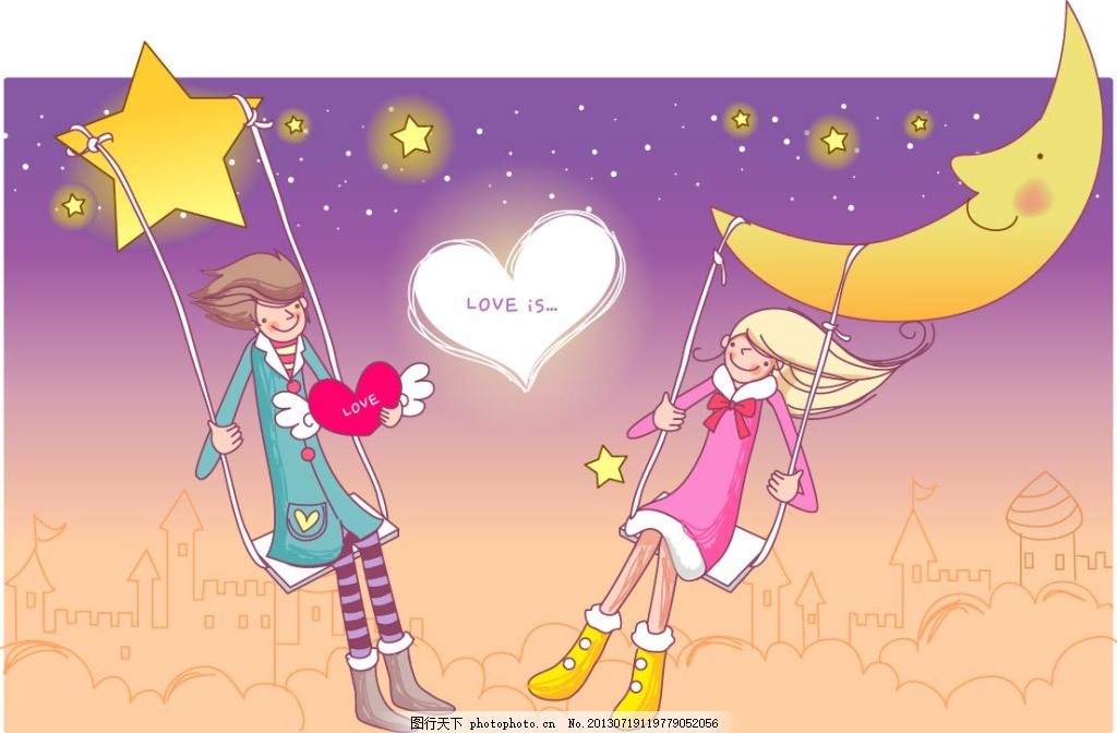 荡秋千,恋人 月亮 星星 浪漫 黄色-图行天下图库