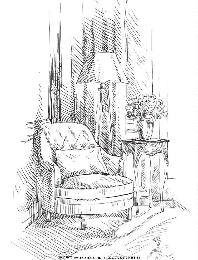 手绘室内设计 素描客厅室内设计 素描 沙发 插画 手绘 室内 欧式
