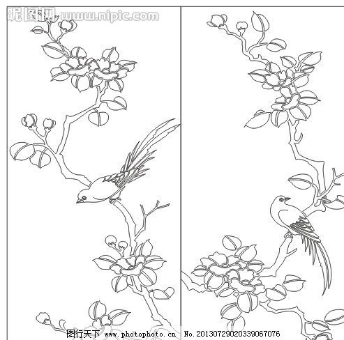 花鸟图(双线) 花鸟图 简单花鸟图 鸟类 花类 树叶 美好 花纹花边 底纹图片