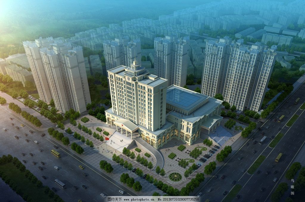 建筑效果图 法院 夜景 欧式 建筑 办公 综合楼 政府 鸟瞰图