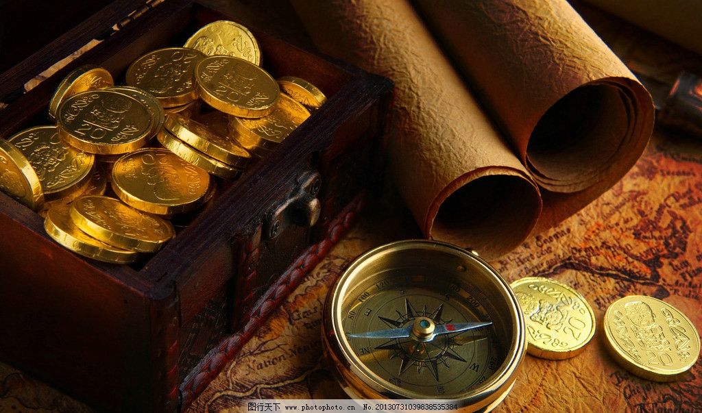 金币 黄金 财宝 宝藏 寻宝 指南针 商务素材 商务金融 摄影 300dpi