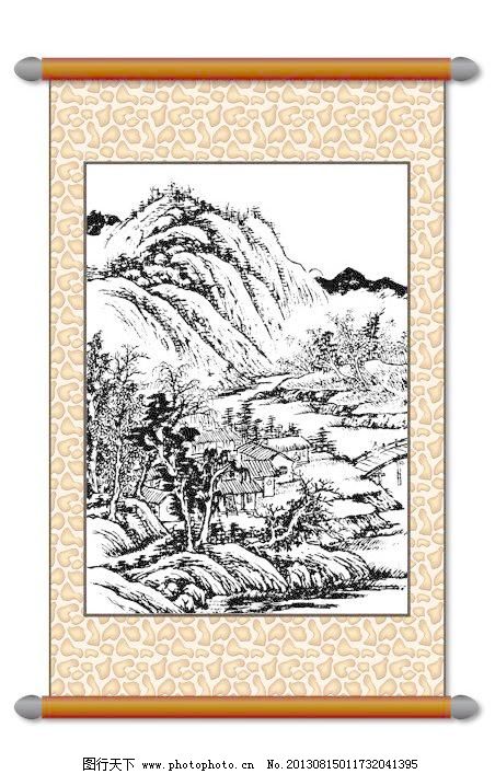 风景画模板下载 风景画 白描风景 版画风景 山水画 古建筑 树木 线描