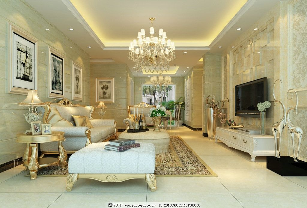 室内客厅欧式风格水晶灯吊顶金色软装饰沙发茶几装修|室内设计 客厅 水晶灯吊顶