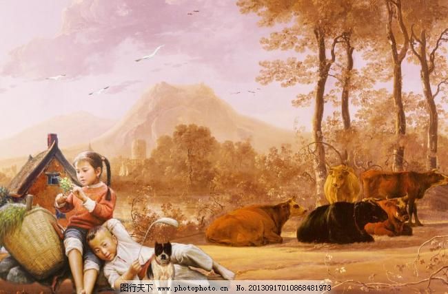 油画风景 小放牛图片