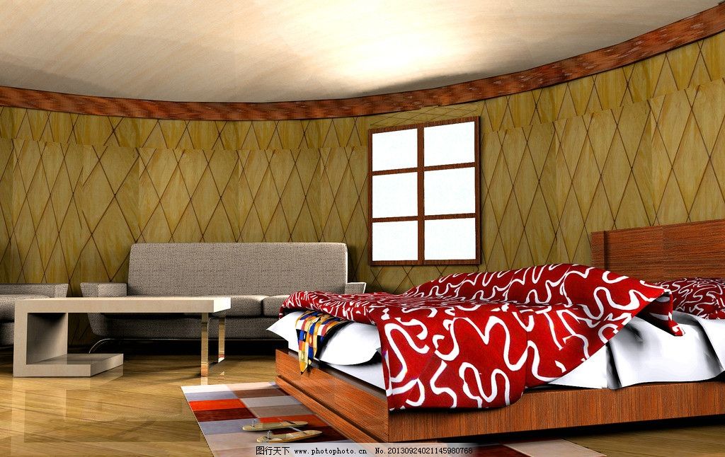 室内 装修 蒙古包 家居 草原风情 床 窗户 沙发 3d设计 设计 59dpi