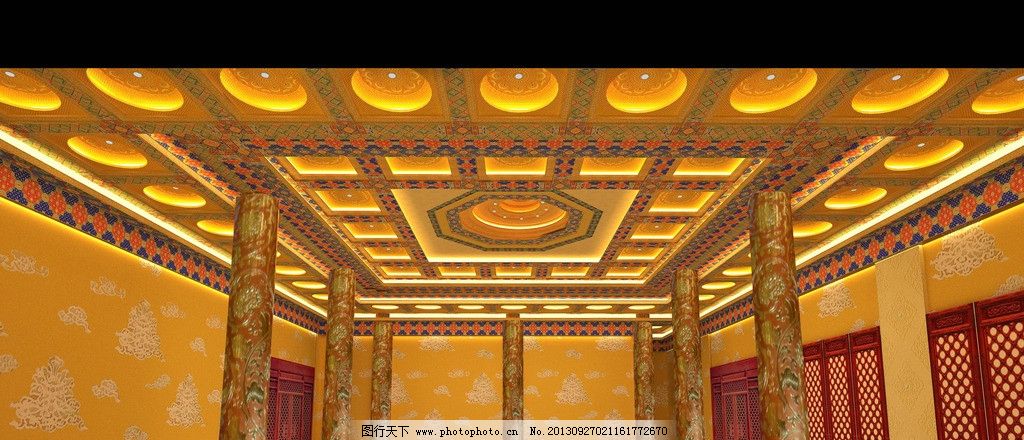 寺庙大殿吊顶装修效果 寺庙吊顶设计 寺庙大殿吊顶装修 古建筑吊顶 灯光设计 暗藏灯设计 柱子 莲花方阵 圆圈藻井吊顶 古建门窗 贴金 彩绘 工艺墙 3D设计 设计 72DPI JPG