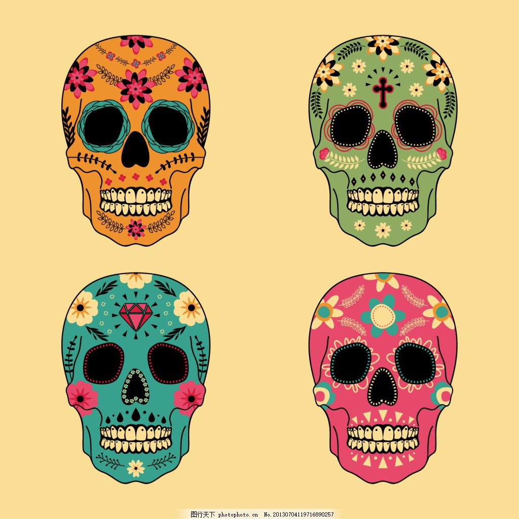 墨西哥骷髅头，老式玫瑰花型。墨西哥的头骨。矢量插图。上帝保佑你，五彩缤纷的头颅。插画图片素材_ID:415529420-Veer图库