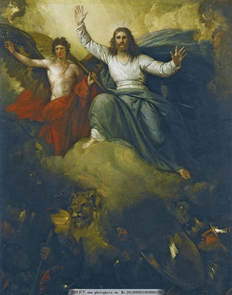 基督降临,宗教油画,基督,天使,战争,狮子,预示和平,古典油画,油画,绘画书法,文化艺术,设计,180DPI,JPG