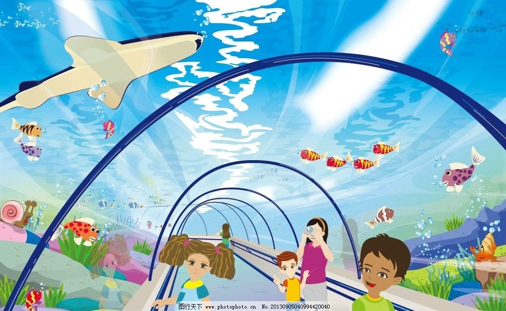海底隧道 女孩 男孩 鲨鱼 科学教材 儿童幼儿 矢量人物 矢量